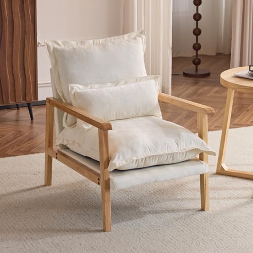 Karl home Plush Chenille Accent Chair with Lumbar Pillow & Ruffled Design Cozy Lounge Chair for Living Room, Bedroom, Reading Corner, Beige