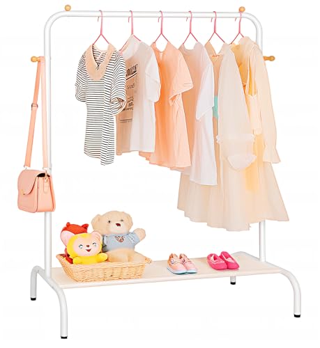 Kids Clothing Rack - Garment Rack with Bottom Storage Shelf, White | for Children, Small Baby, & Toddler, Space-saving Clothes Organizer, Shirts, Dresser, Hat, Backpack, Shoes, Bedroom, Nursery