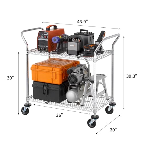 Finnhomy 2-Tier Commercial Grade Rolling Cart, Heavy Duty Utility Cart, Carts with Wheels and Handles, Kitchen Cart on Wheels, Metal Serving Cart with 500 lbs Capacity, Shelf Size 20" D x 36" W, NSF - size: 20"D x 43.9"W x 39.3"H