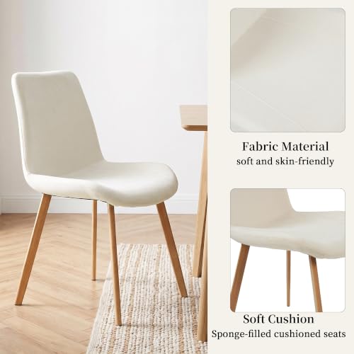 HIPIHOM Dining Chairs Set of 4, Mid-Century Modern Fabric Kitchen Chairs | Curved Backrest for Comfort, High-Density Sponge Padded Seat, Heat and Stain Resistant Surface, Sturdy Wood-Grain Metal Legs - color: Beige Chairs Set of 4