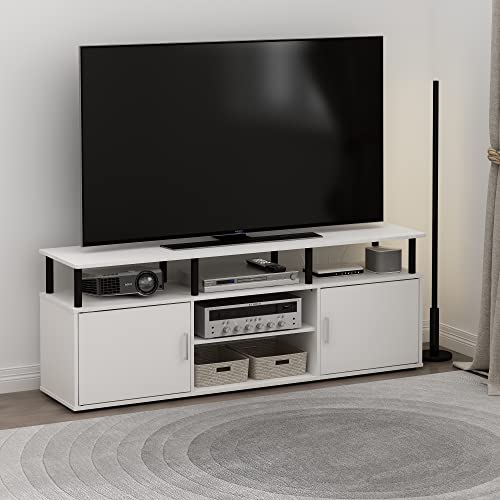 Furinno Jensen Entertainment Center Stand for TV up to 70 Inch, Plastic Pole, Solid White/Black - color: Solid White/Black