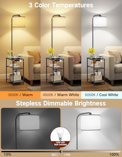 Floor Lamp with Table & Remote, Side End Table with Charging Station, Dimmable Nightstand with 3 Color Temperatures, 1-Hour Timer, 12W LED Bulb, for Living Room, Bedroom(Grey) - color: Gray