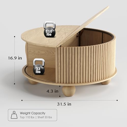 SULIVES Round Coffee Table with Storage, Unique Circle Drum Table with Sliding Door,Fluted Accent Center Table with Bun Feet for Living Room, Oak - color: Oak_round-bun Feet