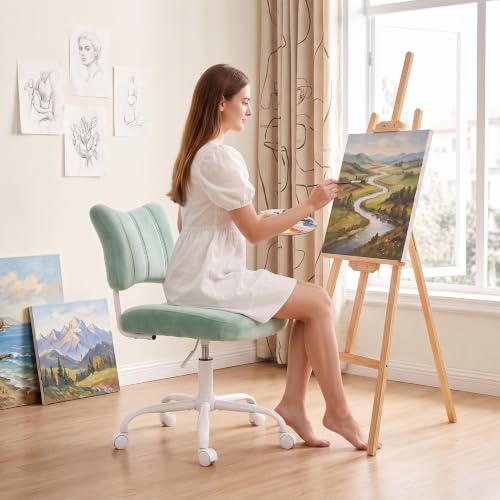 Homkdom Velvet Vanity Chair with Bow Backrest & Height Adjustable,Bedroom | Armless,360 Swivel,Silent Casters for Dressing Room & Living Room, Home Office,Make up,Reading,Light Green - color: Light Green