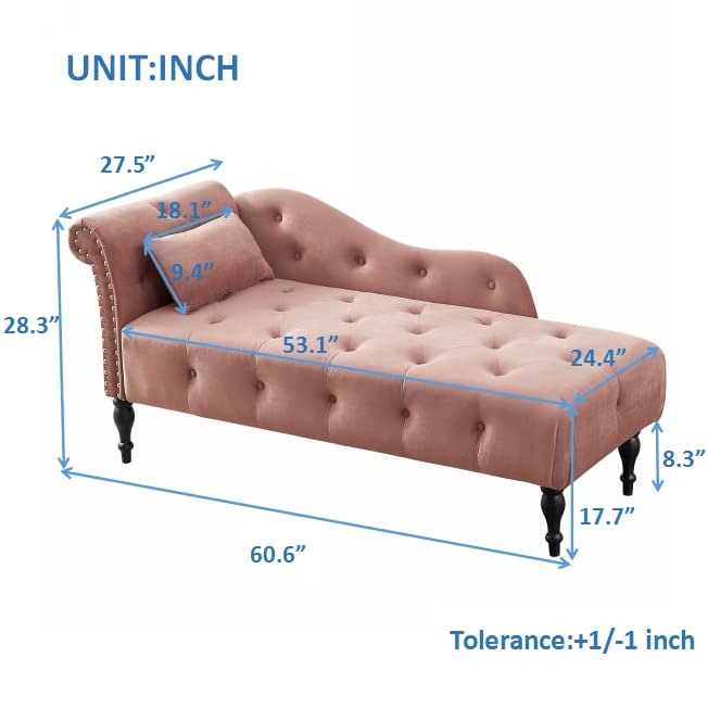 60" Modern Velvet Chaise Lounge Indoor,Upholstered Lounge Chair with Left Armrest and Lumbar Pillow, Button Tufted Lounge Sofa for Living Room Bedroom Office,Mini Chaise Longue Sofa (Pink) - color: Pink