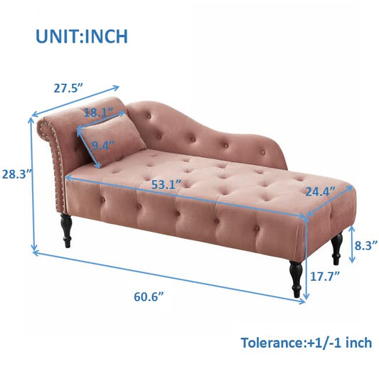 60" Modern Velvet Chaise Lounge Indoor,Upholstered Lounge Chair with Left Armrest and Lumbar Pillow, Button Tufted Lounge Sofa for Living Room Bedroom Office,Mini Chaise Longue Sofa (Pink) - color: Pink