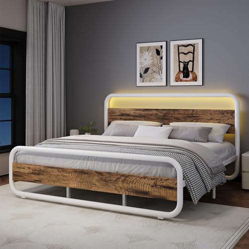 King Size Bed Frame, Wood Headboard and Footboard, LED Lights, White | Metal Platform with Heavy Duty Metal Slats Support/12 in Under-Bed Storage/Noise-Free/No Box Spring Needed/Easy Assembly - color: White, size: King (U.S. Standard)