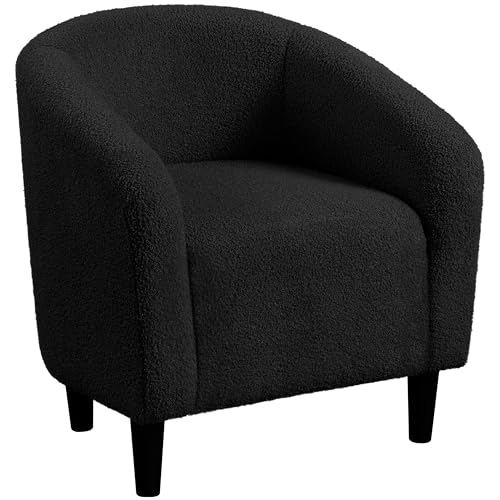 Yaheetech Small 25.5in Wide Sherpa Barrel Accent Chair for Bedroom, Black | Compact Cozy Barrel Chairs with a Curved Silhouette, Upholstered Furry Armchair for Small Spaces, Living Room Bedroom Corner - color: Black (Boucle), style: without Ottoman
