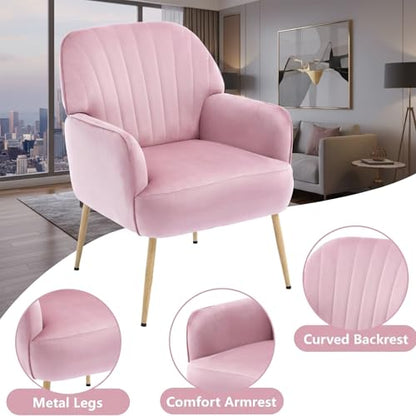 GDFStudio 25" Velvet Accent Chair with Arms and Back, Modern Shell-Shaped Upholstered Barrel Chairs, Small Comfy Reading Chair Lounge Chairs with Solid Legs for Living Room Bedroom Office Cafe, Pink - color: Pink
