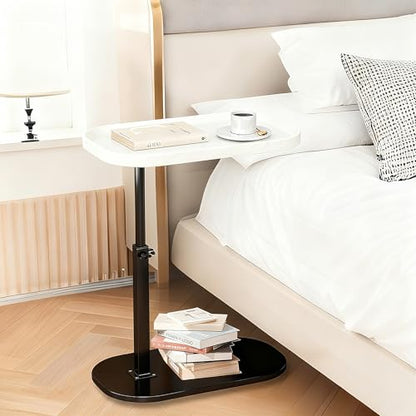 Adjustable Height C Shaped Side Table, Couch Tables that Slide Under, C Side Table Raised Edge, 360°Swivel C Shaped End Table, Small Coffee C Table, End Table for Sofa/Bed/Bathtub (Marble White) - color: Marble White