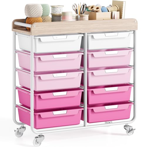 10 Drawers Rolling Cart with Wooden Tabletop, Utility Storage Cart with Wheels, Art Supply Craft Organizer on Wheel with Metal Frame & Handles for Home Office School,Pink | Easy Setup, Large Capacity, Sturdy Build, Lockable Mobility, For office, classroom