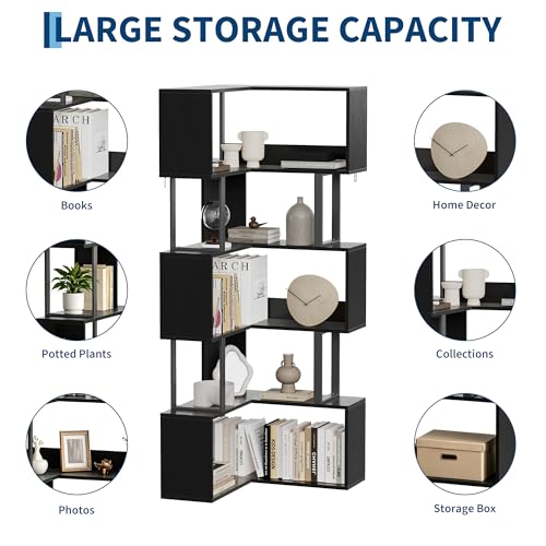Garvee Corner Bookshelf, 62.6" Tall Metal Wooden Bookcase, Modern Freestanding Corner Shelf with Baffle, 5-Tier L-Shaped Display Rack Storage Organizer for Home Office, Living Room | Modern Freestanding Corner Shelf with Baffle, 5-Tier L-Shaped Display Ra