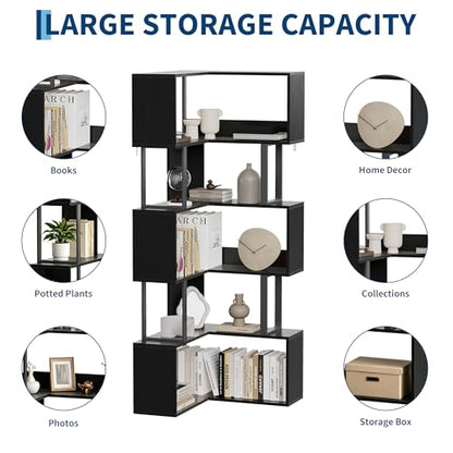 Garvee Corner Bookshelf, 62.6" Tall Metal Wooden Bookcase, Modern Freestanding Corner Shelf with Baffle, 5-Tier L-Shaped Display Rack Storage Organizer for Home Office, Living Room | Modern Freestanding Corner Shelf with Baffle, 5-Tier L-Shaped Display Ra