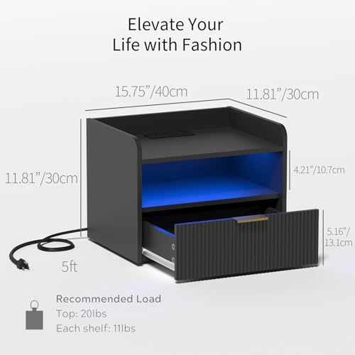 Veegle White Floating Nightstand with Charging Station and LED Lights (Black) - color: Black