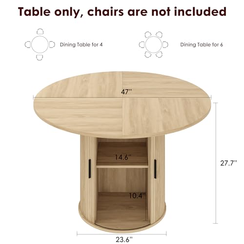 IDEALHOUSE 47 Inch Round Dining Table for 4, Natural Oak | With 2-Tier Shelf and Wood Slide Door, Pedestal Dinner Table Space Saving, T-Shape Base, Dining Room, Natural Oak Finish - color: Natural Oak