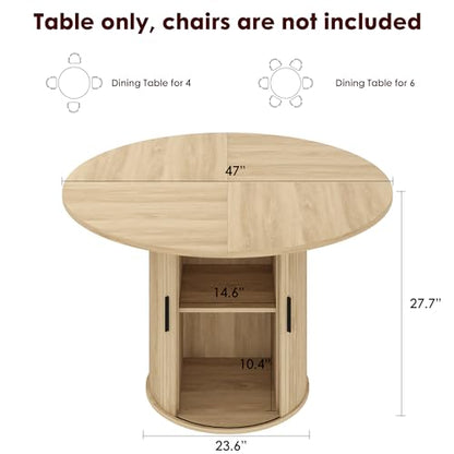 IDEALHOUSE 47 Inch Round Dining Table for 4, Natural Oak | With 2-Tier Shelf and Wood Slide Door, Pedestal Dinner Table Space Saving, T-Shape Base, Dining Room, Natural Oak Finish - color: Natural Oak