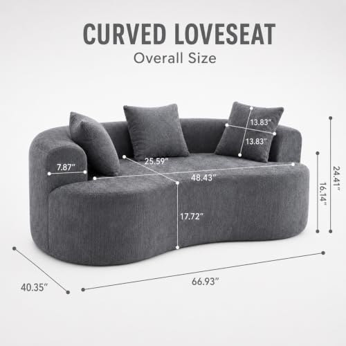 67" Curved Loveseat for Small Spaces, Grey Curved Couches for Living room | Compression Sofa in a Box with 2 Pillows, Small Couch for Bedroom with Wide Armrest & Memory Foam, No Assembly Required - color: Grey, size: 67 Inch