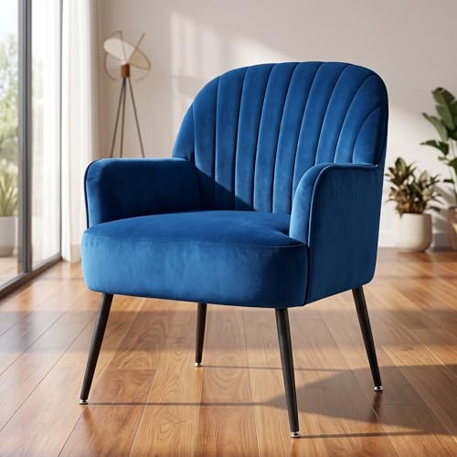 Velvet Accent Chair with Armrest, Modern Curved Back Barrel Chair, Soft Cushion Single Sofa for Living Room Bedroom Office Cafe Blue - color: Blue