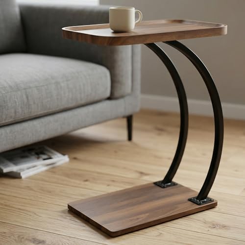 2 Tier Trays C Shaped End Table for Sofa, Heavy Duty with Double Dual Bent Metal Tubes Support,Dimension W20.5*D13.4*H25.5, Couch Table that Slides Under,Raised Edges Prevent Falling Off