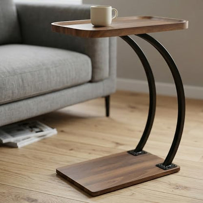 2 Tier Trays C Shaped End Table for Sofa, Heavy Duty with Double Dual Bent Metal Tubes Support,Dimension W20.5*D13.4*H25.5, Couch Table that Slides Under,Raised Edges Prevent Falling Off