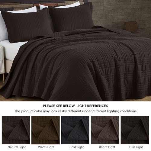 Chezmoi Collection Kingston Queen Size Bedspread Set, 3-Piece Brown Oversized Quilted Microfiber Lightweight Bedspread Coverlet (100"x106") for All Seasons - color: Brown, size: Queen