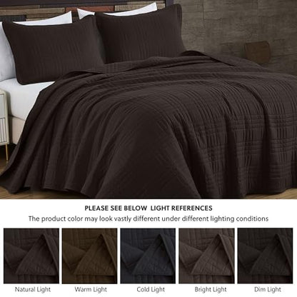 Chezmoi Collection Kingston Queen Size Bedspread Set, 3-Piece Brown Oversized Quilted Microfiber Lightweight Bedspread Coverlet (100"x106") for All Seasons - color: Brown, size: Queen
