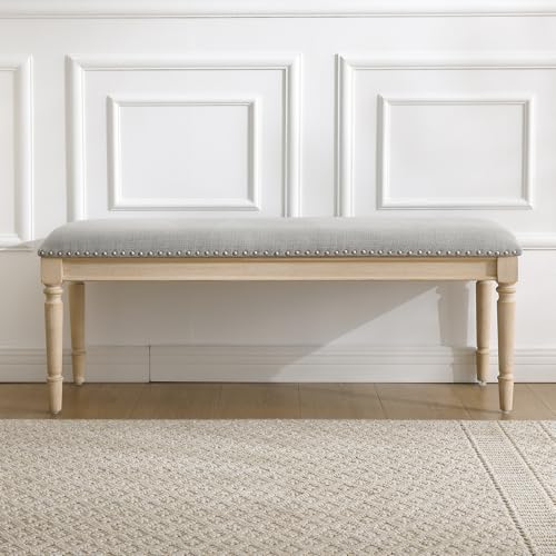 46'' French Country Entryway Bench Wooden Linen Fabric Upholstered Seat Dinng Bench with Nailhead Trim for Hallway End of Bed, Grey - color: Linen, Grey, Nailhead Trim
