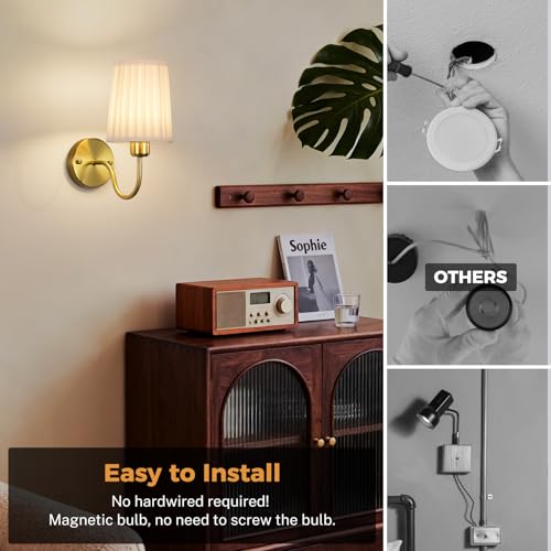 Battery Operated Wall Sconce Set of Two, Wireless Wall Sconces with 10000mAh Dimming Magnetic Bulb, Rechargeable Wall Sconce with Pleated Fabric for Bedroom Living Room Gallery Hallway, Gold - color: Gold-White