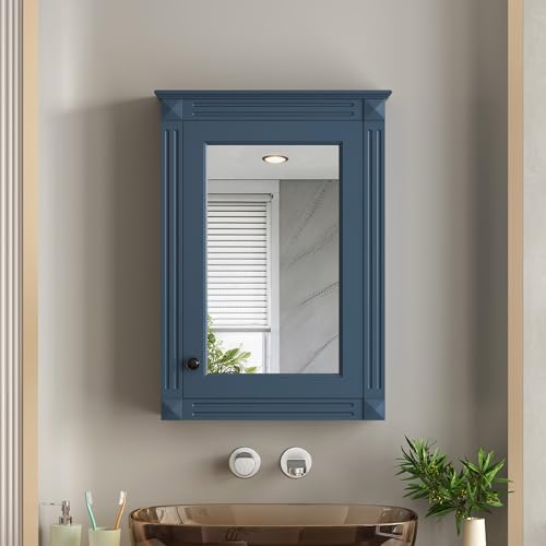 Merax Bathroom Medicine Cabinet with Mirror Door & Adjustable Shelves | 20" x 28" Wall Mounted Bathroom Storage Cabinet with Mirror, Over the Toilet - color: Blue, size: 20"
