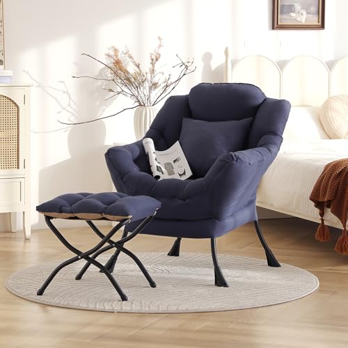 Lazy Chair with Ottoman, Comfy Reading Chair for Bedroom，Navy | Comfy Bedroom Accent Chair with Washable Removable Cover and extra throw pillow for Living Room Dorm - color: Peach Navy-1