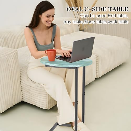 C Shaped End Side Table, Small Oval Couch Sofa Table for Bed, Snack Side Table with Metal Frame, TV Tray Table with White Marble for Small Space, Living Room, Bedroom, Bedside(Sea Blue) - color: Sea Blue+black
