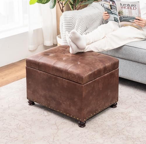 Leather Storage Ottoman, 24" Rectangle Tufted Square Upholstered Bench, Foot Rest Stool with Wood Legs, Footstool for Living Room Bedroom, Coffee - color: Coffee