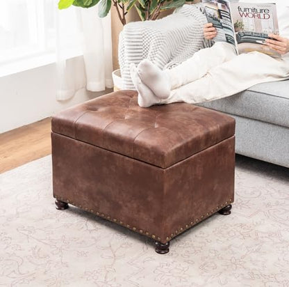 Leather Storage Ottoman, 24" Rectangle Tufted Square Upholstered Bench, Foot Rest Stool with Wood Legs, Footstool for Living Room Bedroom, Coffee - color: Coffee