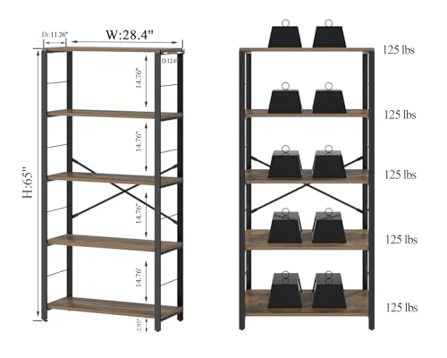 5 Tier Tall Bookshelf, Industrial Bookshelves and Bookcases, Modern Rustic Wood and Metal Book Shelf for Bedroom, Living Room and Home Office, Oak - color: Oak, size: 5-Tier