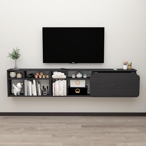 Floating Desk with Storage Shelves, 82'' Wall Mounted Desk Laptop Writing Study Table, Folding Drop Leaf Table, Multifunctional Computer Workstation for Narrow Small Space