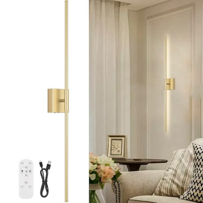 Battery Operated Wall Sconce, 3000K-6000K Dimmable Gold Wall Lights with Remote Control, Timable LED Wireless Wall Sconces, 350° Ratate for Bathroom, Living Room, Hallway 39.4 Inch 1 Pack - color: Gold, size: 39.4in(1 Pack)