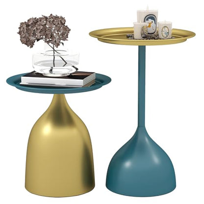 Benkyo Blue and Gold Nesting Tables Pedestal Coffee Table Set of 2 Round Side Tables Metal End Table Small Circle Modern Sofa Table for Living Room - color: Blue and Gold