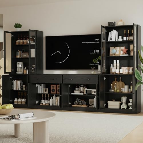 TUSY 71" TV Stand Storage Set, Black, AEEA | 2 Tall Bookcases & 2 Side Cabinets, Media Console with Glass & Wood Doors, Entertainment Center with Drawers - color: Black