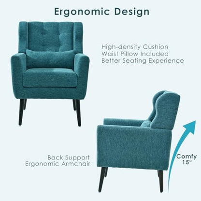 Accent Chair, Living Room Chairs with Solid Wood Legs & Pillow | Chairs Living Room with High Tufted Backrest, Reading Chair for Bedroom/Office, Chenille Fabric - color: Teal