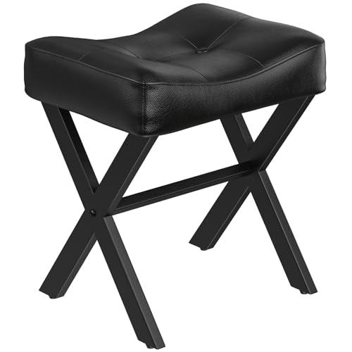 18-Inch Leather Vanity Stool Chair, Black | Vanity Bench, Metal X-Leg, Ottoman Accent Stool, Thick Padded Saddle Seat, 300 LBS, 16.3"x12.4"x18", For Living Room, Bedroom - size: Small, style: Black Leather