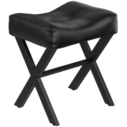 18-Inch Leather Vanity Stool Chair, Black | Vanity Bench, Metal X-Leg, Ottoman Accent Stool, Thick Padded Saddle Seat, 300 LBS, 16.3"x12.4"x18", For Living Room, Bedroom - size: Small, style: Black Leather