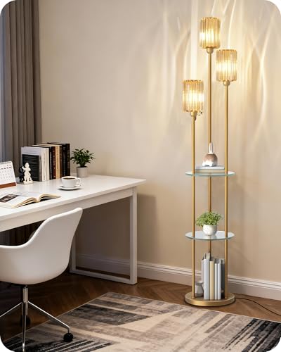 Gold Floor Lamp with Shelves, Modern Floor Lamp with 3 Crystal Shades and Foot Switch, 3-Light Standing Lamp with 3 Shelves, for Living Room, Bedroom, Study, Office, Gold D53LD05 - color: Gold + Crystal Glass