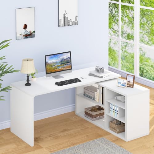 HSH White L Shaped Desk with Storage, Home Office Desk for Work, 55 Inch | Reversible L Shape Computer Workstation Desk with Cabinet Shelves, Industrial Wood Corner Table for Work Study Writing Gaming - color: White Oak