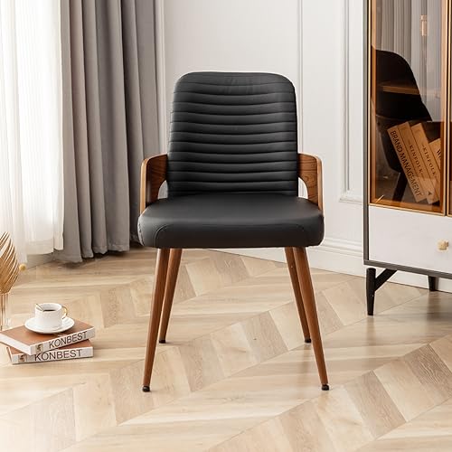 Dining Room Chairs Set of 4,Mid Century Modern Kitchen Chairs,Upholstered Faux Leather Accent Chairs,Metal Legs Wooden Desk Chairs,Armless and No Wheels for Kitchen Dining Living Room,Black - color: Black Pu, size: Set of 4