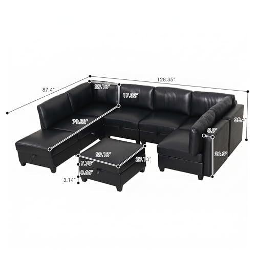 ERYE 128-Inch Oversized U Shaped Sectional Sofa 8 Seat Modular Storage Sofa Couch W/Deep Seat,Pet Friendly Faux Leather Upholstered Corner Convertible Sectional W/Movable Ottoman - color: Black 128"