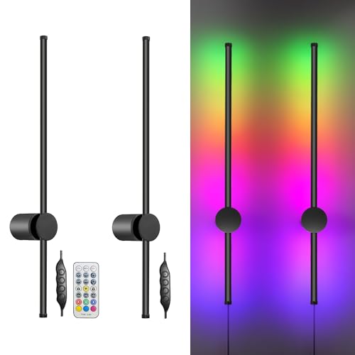 RGB LED Wall Sconces Set of Two with Remote, 15 Color Modes, Dimming, DIY 180° Rotate, Black Plug in Wall Sconces with Warm Light, Dynamic Multicolor Ambience Lights, Plug in Wall Light, 23.6 Inches - color: RGB Colors+Warm Light, size: 23.6 Inches