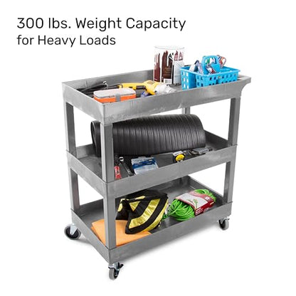 Tubstr 3-Tier Rolling Utility Cart with Wheels | Supports 300 lbs. Total | Heavy-Duty Capacity for Garage Storage, Office Spaces, & Kitchen Use | Durable Tool Cart with Locking Wheels (Gray, 32 x 18) - color: Gray