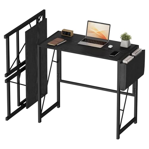 Garvee 31.5" Folding Computer Desk, Home Office Desk with Headphone Hook | Foldable Table with Storage Bag, Writing Work Desks for Small Spaces, Bedroom, Apartment, Easy to Fold, Black - color: Black, size: 31.5"W x 15.7"D