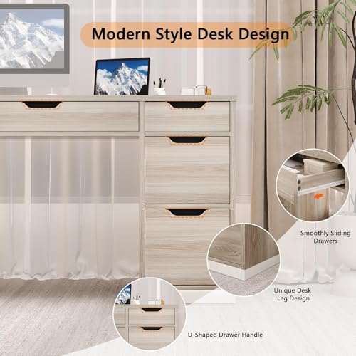 Computer Desk with Drawers, Small Office Desk with Storage, Light Walnut | 54 Inch Writing Desk with 7 Storage Drawers, Study Desk for Bedroom, Small Spaces - color: Light Walnut