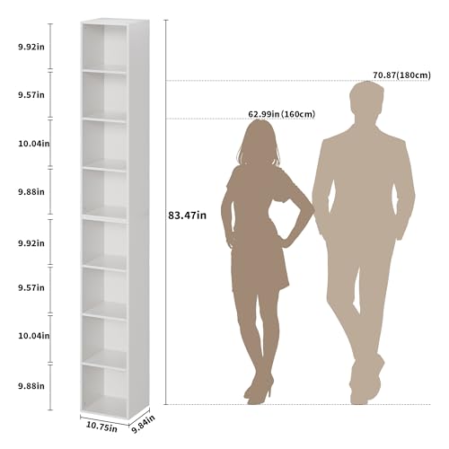 82.6 inches Book Shelf, 8 Tier Bookcase with Removal Panels | Tall Narrow Bookshelf, Wooden 8 Cube Storage Media Shelf, Vertical Slim Book Case for Living Room, Bedroom, Entrance Hall